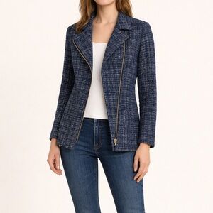 J. Crew Navy Tweed Coat with Gold Accents